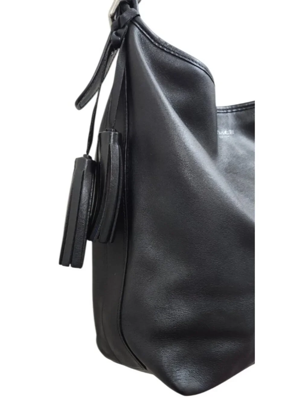 Coach Black Leather Hobo Shoulder Bag Large Tassel Silver Hardware Recolored